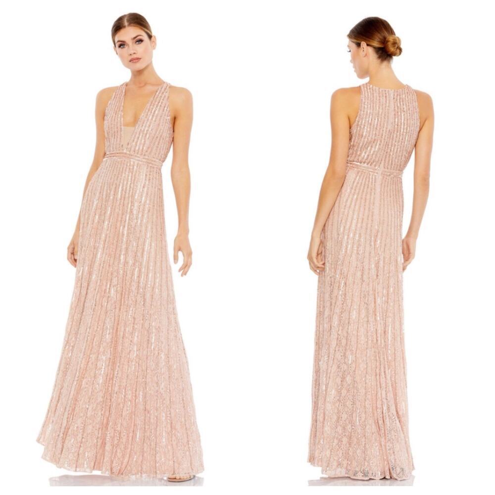 Mac Duggal Womens Rose Pink Sequined Sleeveless Plunge Neck Flow Gown Size 6 NWT